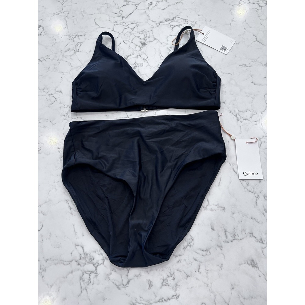 NWT Quince Black Italian V Neck Bikini Top & High Rise Bottom Set Size Large